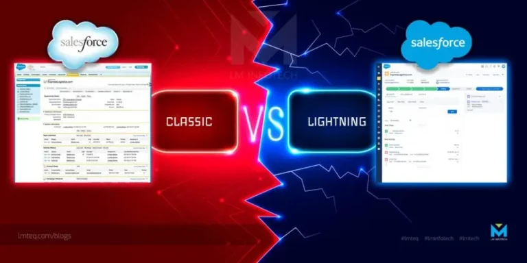 salesforce lightning vs classic Image comparing Salesforce Classic and Lightning interfaces, highlighting the differences between the two screens.
