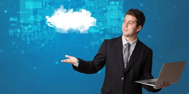 salesforce opportunity stages A man in a suit holds a laptop, pointing to a cloud, symbolizing Salesforce Opportunity Stages in a business context.