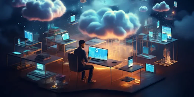 power of salesforce cloud services A man using a laptop, illustrating the concept of cloud computing with Salesforce Cloud Services.