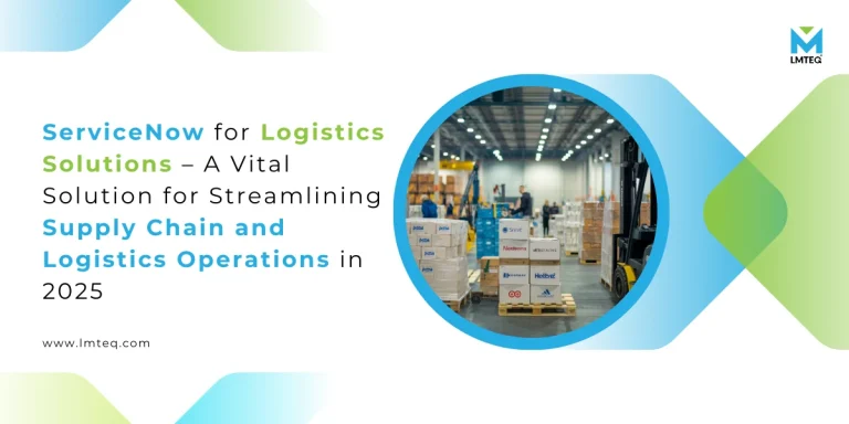 servicenow for logistics solutions blog banner A warehouse preparing import and export shipment. A warehouse admin uses ServiceNow for Logistics solution on a tablet for streamlining process.