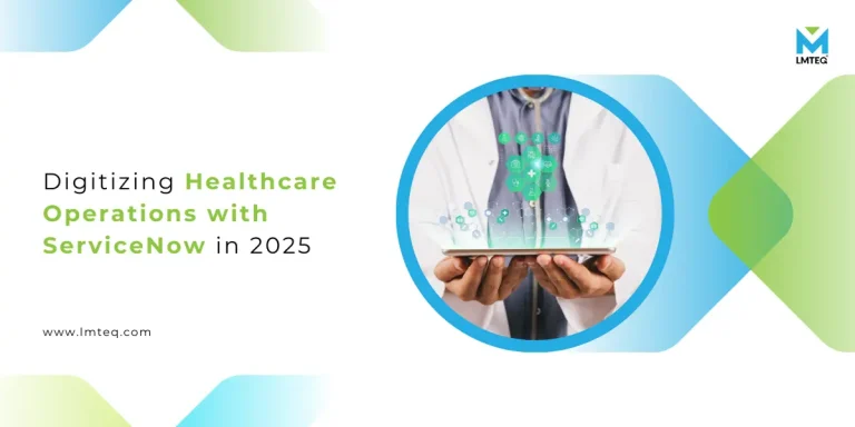 digitizing healthcare operations with servicenow The banner image showcases a rounded image with a doctor holding a tablet where the operation was digitized and showcased as a holographic icon.