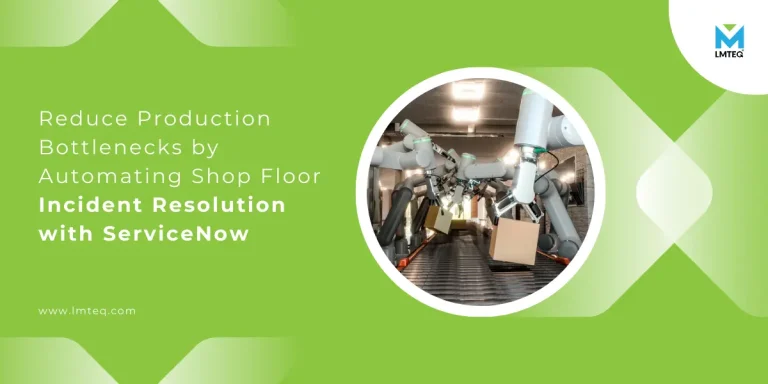 reduce production bottlenecks by automating shop floor incident resolution with servicenow Multiple robotic arms in the production line at a manufacturing plant working synchronously, and it is monitored with the servicenow automation tool to reduce incident.