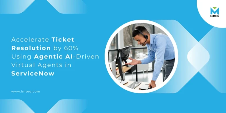 servicenow ai agents for ticket resolution The hero section (banner image) represents an admin with an overhead headphone resolving a ticket online images on the right side, and the blog title on the left side.