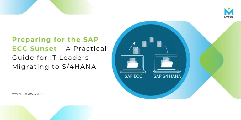 sap ecc sunset a practical guide for it leaders migrating to s4hana The banner image is divided into two sections, on the right side, two systems representing SAP ECC and S/4HANA, where data transfer/migration from ECC to S/4HANA. Whereas, on the left side, the title of the blog is "SAP ECC to S/4HANA Migration.