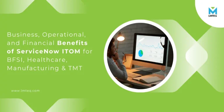 servicenow itom benefits A person sits at a desk viewing data charts on a computer screen. Text highlights ServiceNow ITOM Benefits for BFSI, healthcare, manufacturing, and TMT industries. Green geometric background with LMTEQ logo.