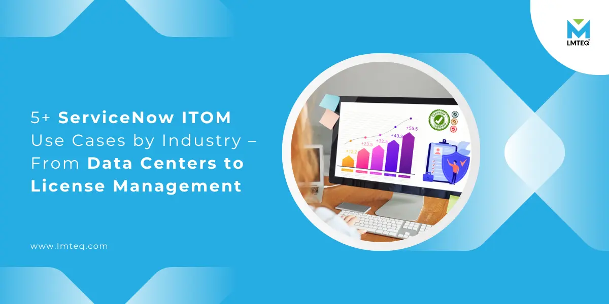 servicenow itom use cases for industries A person works at a computer displaying colorful bar and pie charts. Text reads: 5+ ServiceNow ITOM use cases by industry – From Data Centers to License Management. LMTEQ logo is in the top right corner.