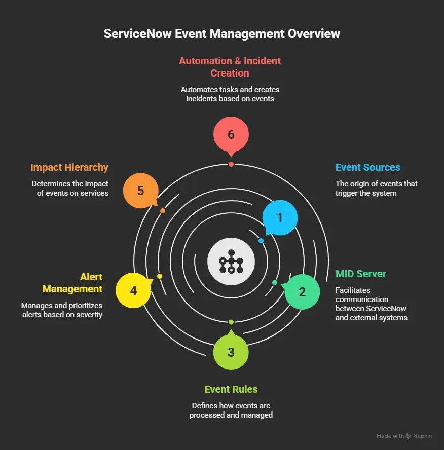 Infographic titled “ServiceNow Event Management Overview” features six labeled circles that illustrate the ServiceNow event management process: Event Sources, MID Server, Event Rules, Alert Management, Impact Hierarchy, and Automation & Incident Creation.
