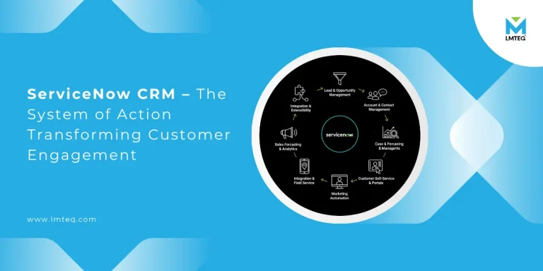 servicenow crm implementation Graphic with the title “ServiceNow CRM – The System of Action Transforming Customer Engagement,” featuring a circular diagram of ServiceNow CRM features around the ServiceNow logo on a blue background.